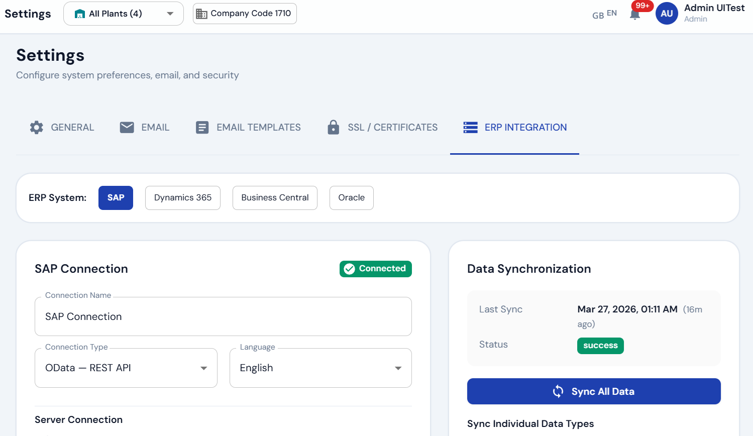 ERP Integration settings panel with SAP, Oracle, Dynamics 365 tabs