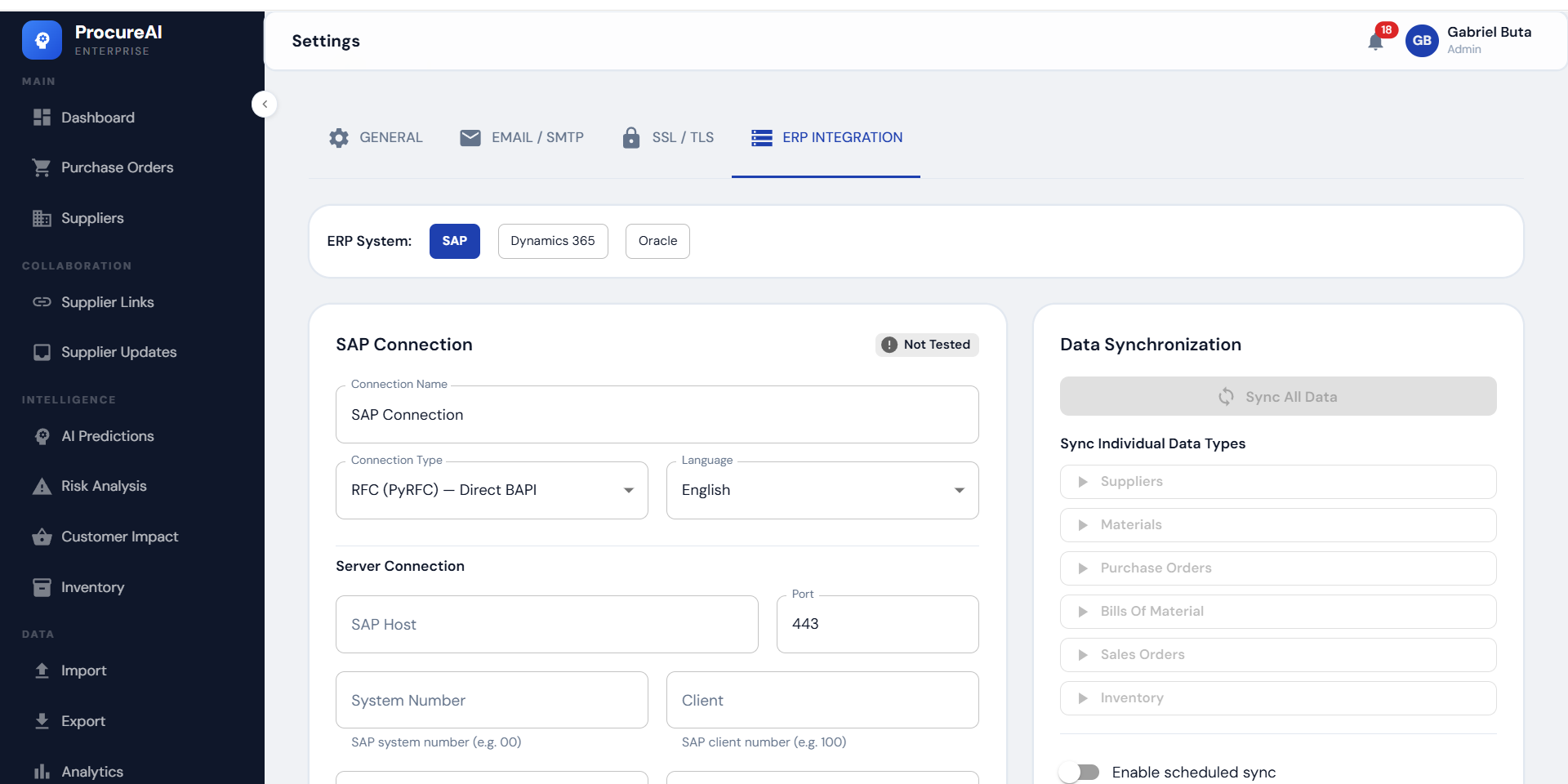 ERP integration screenshot