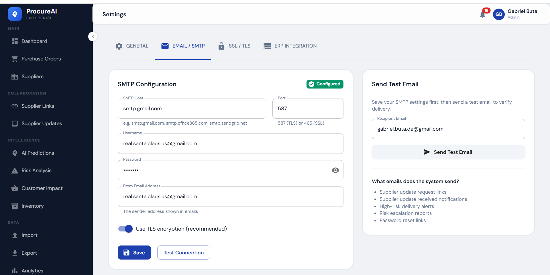 SMTP settings screenshot